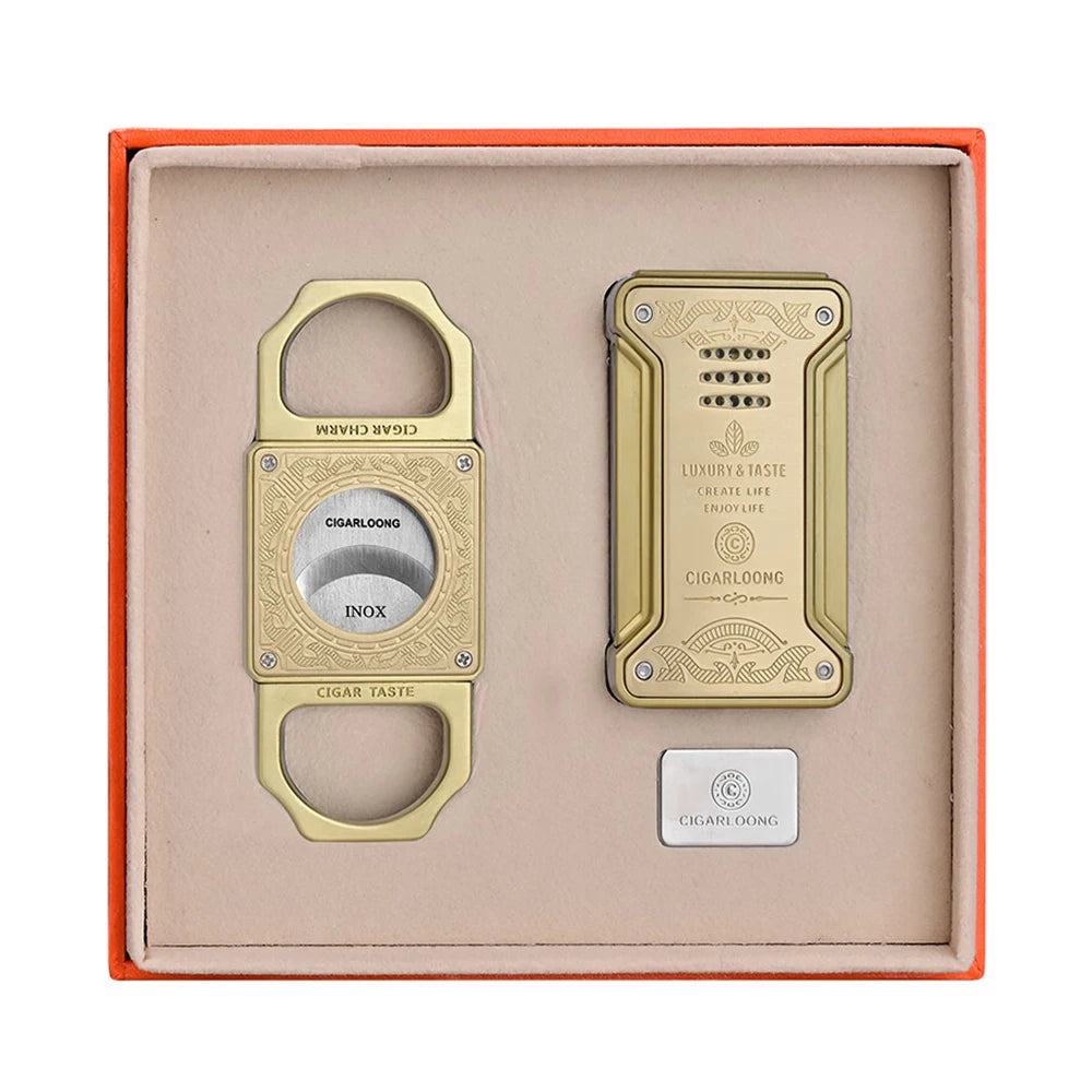 CIGARLOONG Luxury Cigar Cutter & Lighter Torch Jet Flame Windproof Stainless Steel Scissors-Foldable Cigar Accessories Gift Set