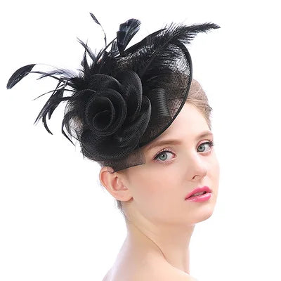 Rose Elegant Hat for Wedding  With Feather Party Accessories Narrow Brim Flat Empty Top Quality Hat Channel Top Hats