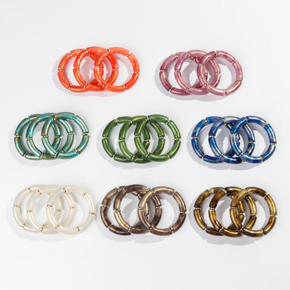Latest 2025 Casual Jewelry Elastic Bracelet Color Pearl Tube Beads Chunky 12mm Acrylic Bamboo Bead Bracelet Set 3PCS