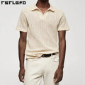 Summer Men Crochet Shirt Sweater Short Sleeve Hollow Out Knit Cardigan Stripe Crochet  Men 100% Cotton Crochet Polo Shirt