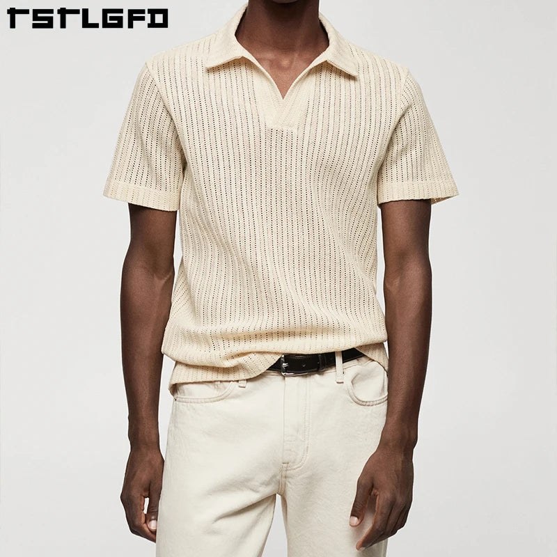 Summer Men Crochet Shirt Sweater Short Sleeve Hollow Out Knit Cardigan Stripe Crochet  Men 100% Cotton Crochet Polo Shirt
