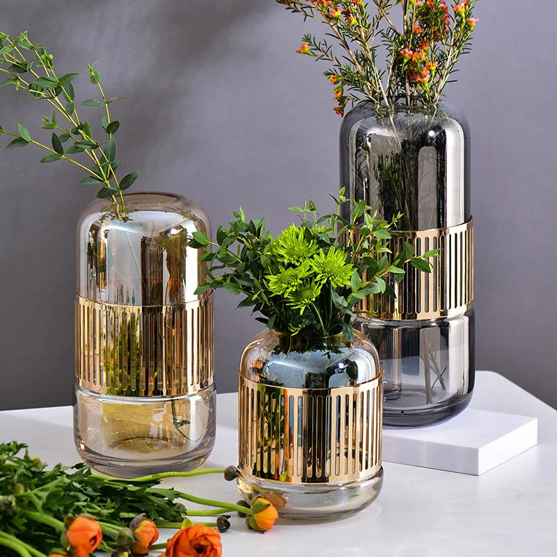 Luxury Vase Retro Home Decoration Ornaments Living Room Flower Pink Gold Nordic Glass Vase