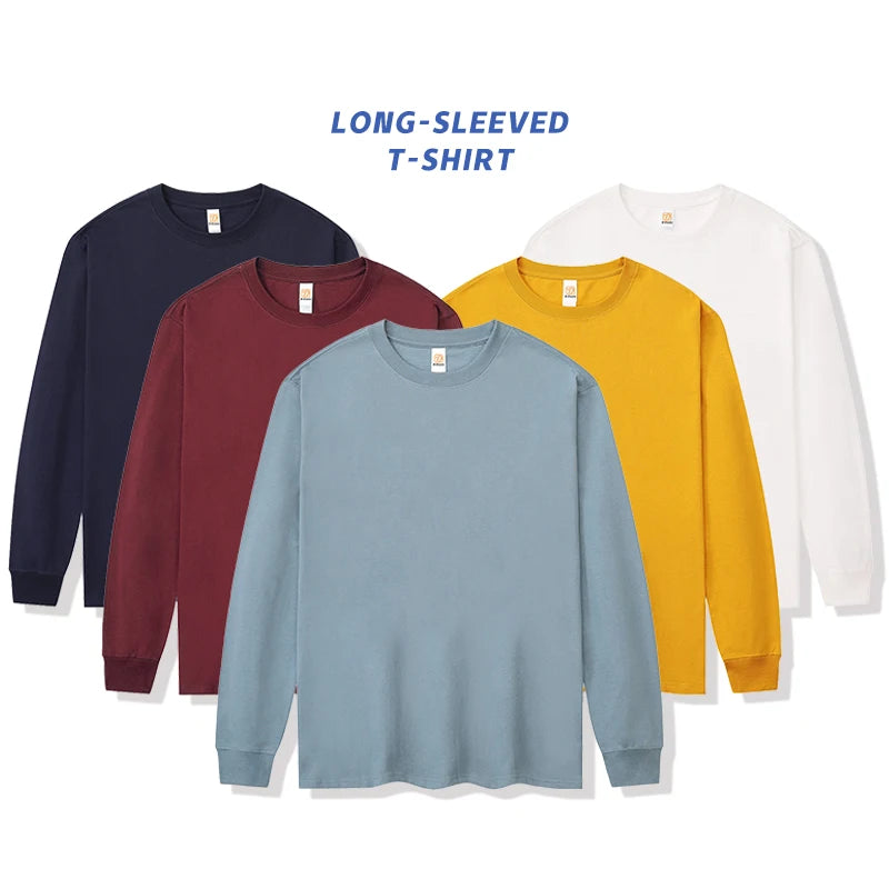 LS Customizable T-Shirt Solid Pattern Long-Sleeved Blank Cotton European Size Yarn Dyed with Threaded Cuffs Customizable Logo
