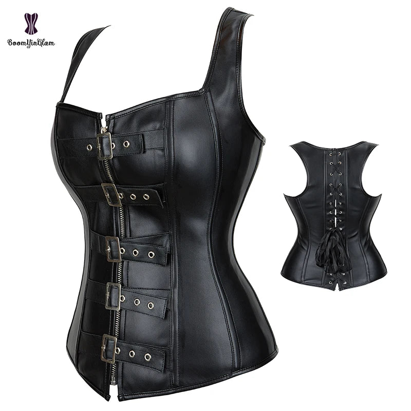 Strap Body Shaping Vests Women's Gothic Punk Korsett Plus Size S-6XL Faux Leather Waist Trainer Corset With Vest