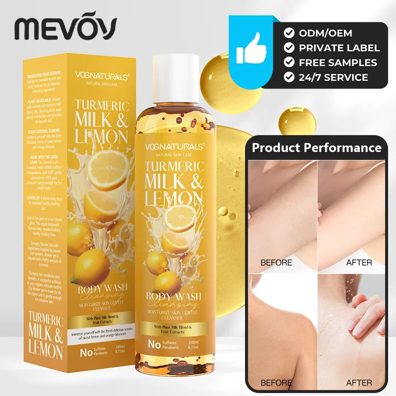 Private Label Plant Milk Gel Body Wash with Turmeric Lemon Gentle Cleanser for Nourishing Moisturized Whitening Skin Shower Gels