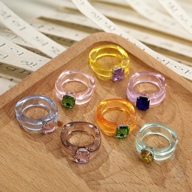 Fashionable Transparent Gemstone Acrylic Rings Candy Color Square Crystal Resin Finger Rings for Girls