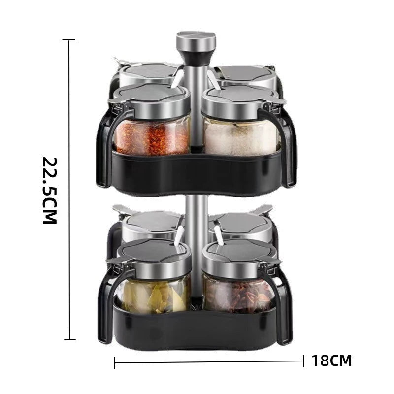 360 Rotating 2 Tier Stainless Steel Plastic Glass Spice Countertop Rack with 300ml Glass Seasoning Storage Jar