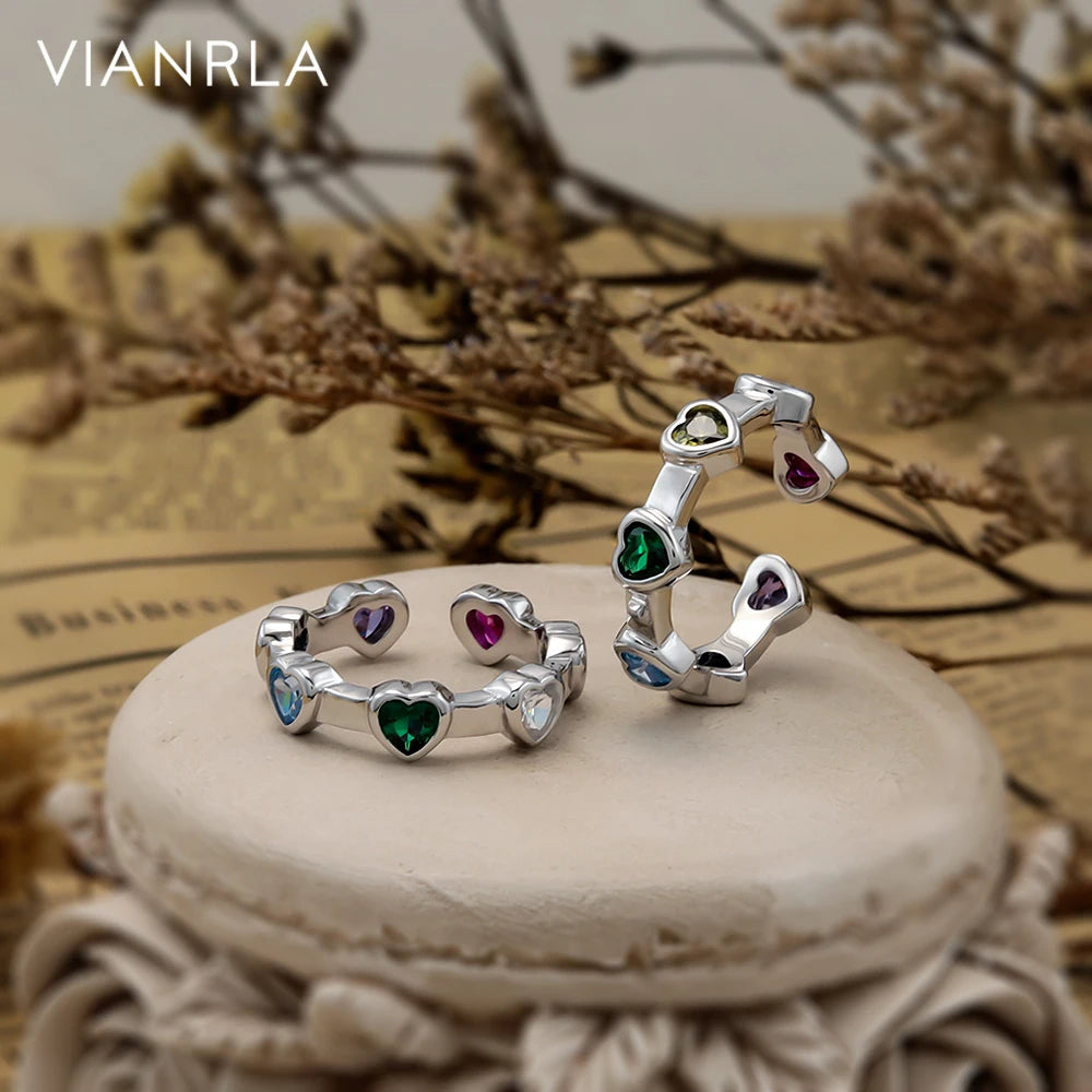 VIANRLA 925 Sterling Silver Colored Zircon Heart Shaped Ring Open Ring for Women Support Dropshipping