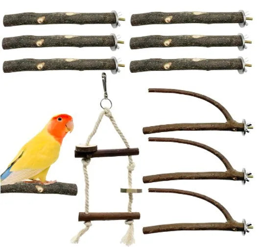 Durable 10-Piece Wood Rope Cotton Bird Toy Station for Small Animals-Swing Tree Branch Wooden Bar Parrot Chew Toy Bag Packaging