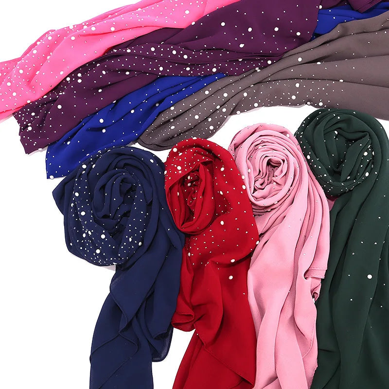 Malaysia MSL077 Summer Scarf for Muslims Rhinestone Porcelain Turban with Pearl Chiffon and Polyester Traditional Shawl