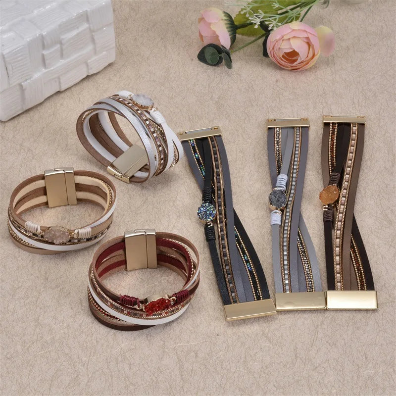 Hip Hop Style Colorful Multi Layer Leather Chunky Stone Rhinestone Alloy Magnetic Buckle Wristband Bracelet for Women