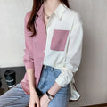 New Ladies Chiffon Summer Breathable Button Long-sleeved Office Shirt with Pocket All-match Loose Color Matching 6016#