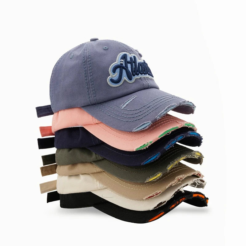 Street Fashion Vintage Hole Hip-Hop Custom Embroidery Logo 6-Panel Dad Hats Distressed Woman's Baseball Cap