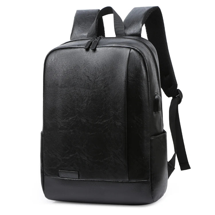 Men's Vintage PU Charging Laptop Backpack with USB Waterproof & Zipper Closure for Travel