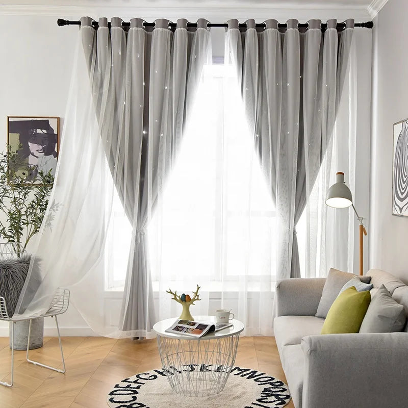 Ins Hot Double Layer Star Cut Out Curtains Lovely 5 Colors Decor Stars Blackout Curtains for Girls Bedroom
