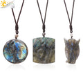 CSJA Wholesale Wolf Star Moon Angel Carved Pendant Reiki Healing Natural Stone Crystal Labradorite Necklace for Men Women H182