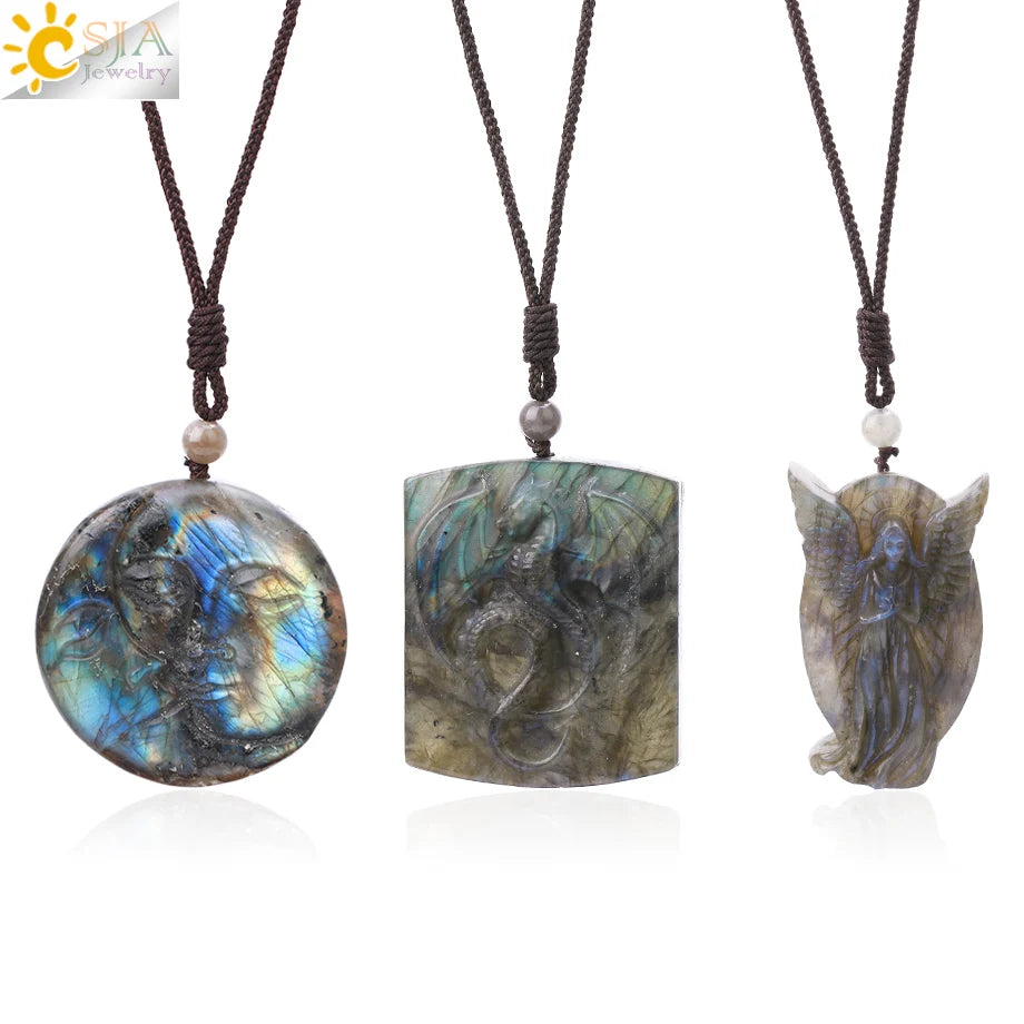 CSJA Wholesale Wolf Star Moon Angel Carved Pendant Reiki Healing Natural Stone Crystal Labradorite Necklace for Men Women H182