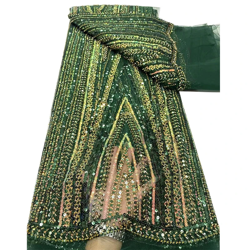 High Quality Eco-Friendly Green Beaded Embroidery African Lace Fabric Polyester 5 Yards Customizable Colors for Bridal