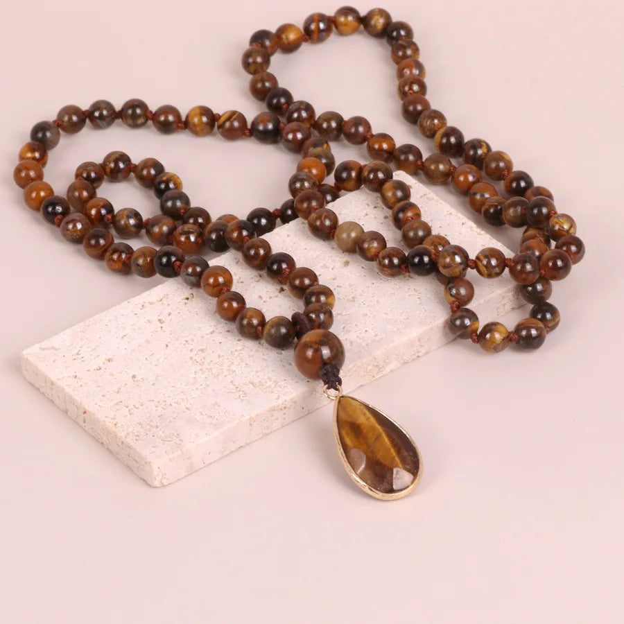 Wholesale Price Vintage Tiger Eye Necklace 6mm 108 Beads Stone Necklace Water Drop Pendant Necklace Yoga Jewelry