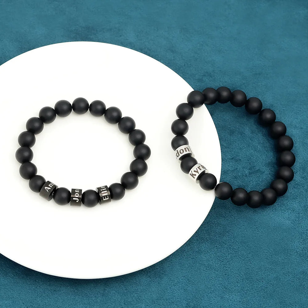 Wholesale Fashion Black Obsidian Charm Beaded for Bracelet Stretch Natural Stone Stainless Steel for Men Women Couples
