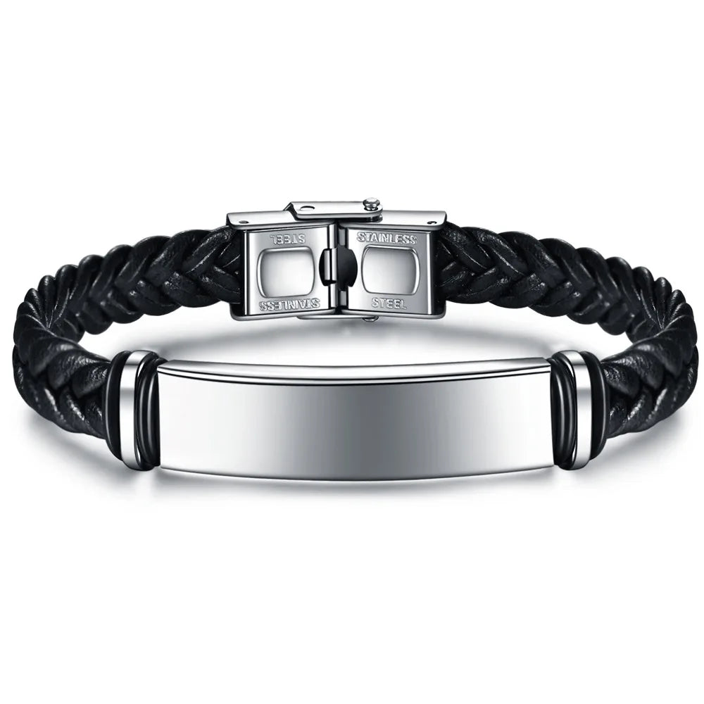 2024 Braided Mens Bracelet Leather Custom Wristband with Stainless Steel Bracelet for Mens