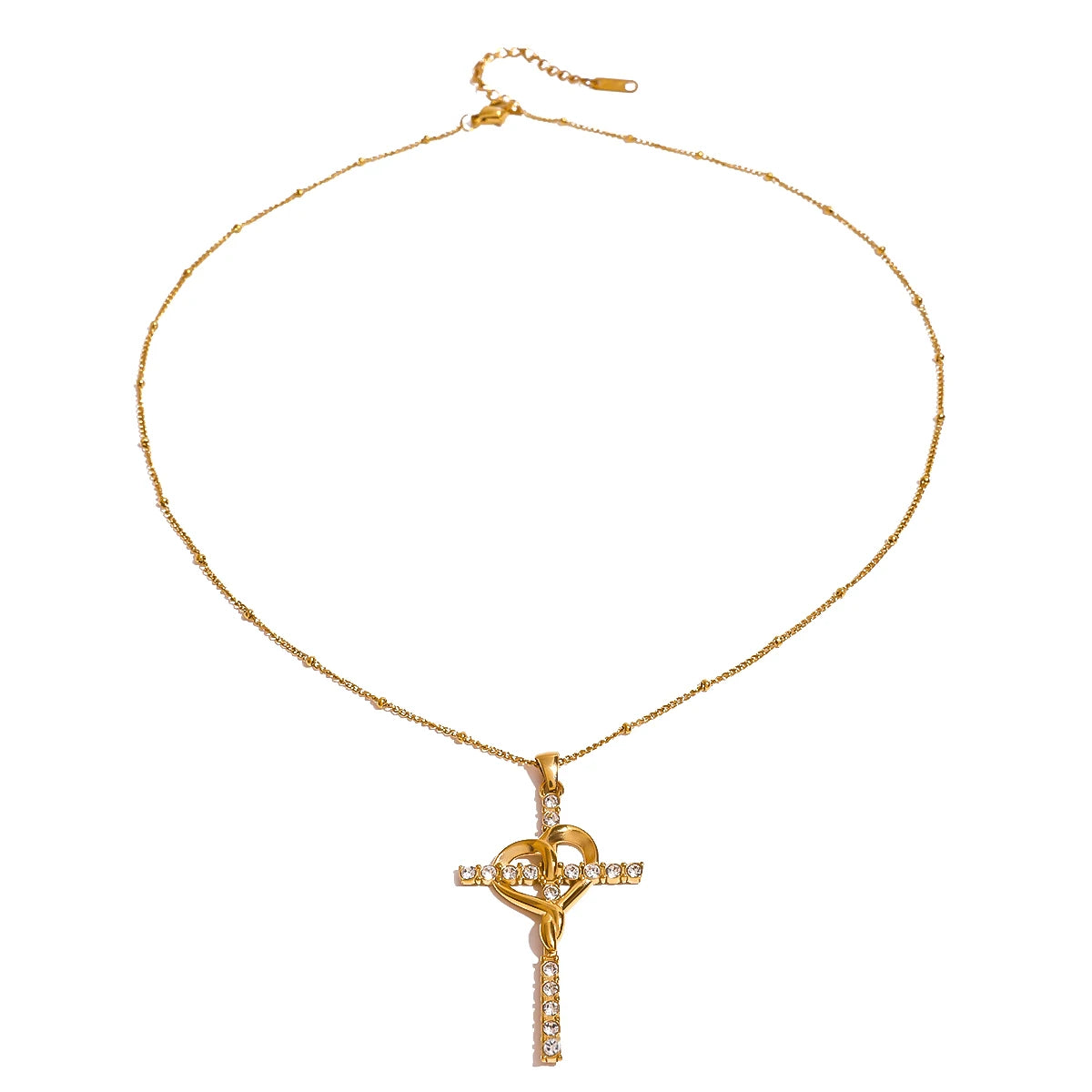 J&D 18k Gold Stainless Steel White Zircon Heart Cross Pendant Necklace 50+5cm Elegant Faith Jewelry