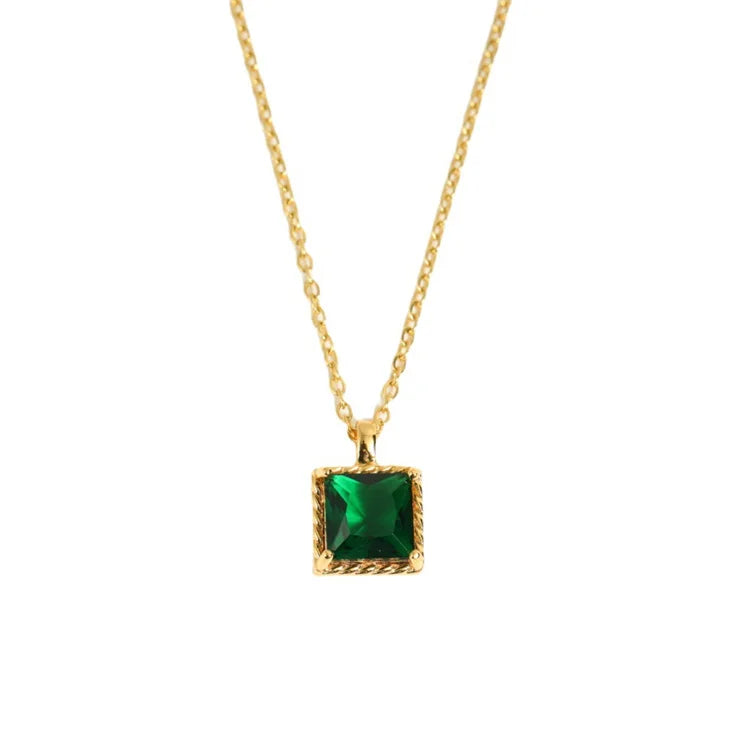 Vintage Brass Plated Female Jewelry square Zircon Pendant Necklace
