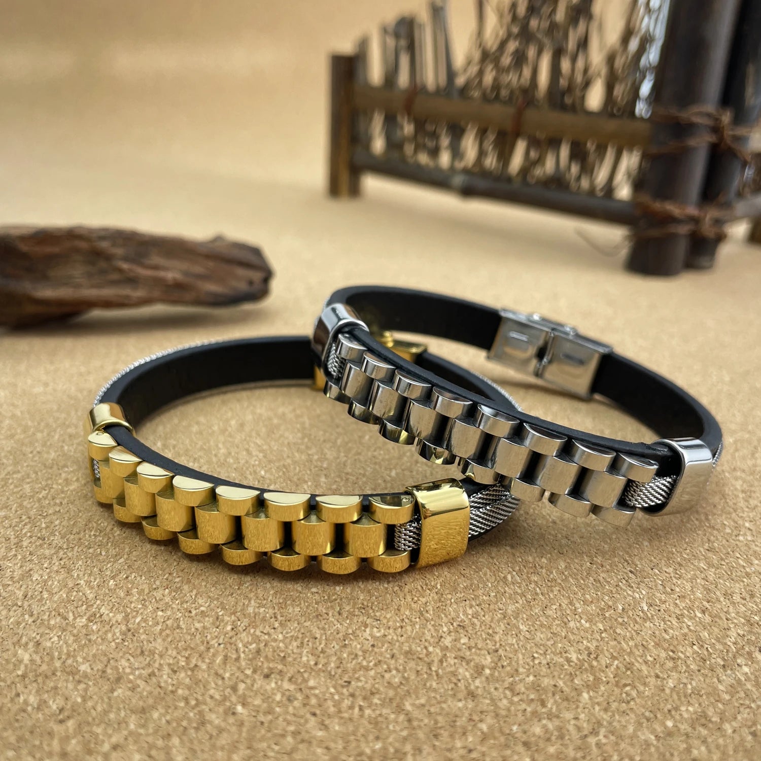 Stylish Stainless Steel Clasp Two-Tone Mesh Wristband Leather Bracelet Microfiber Leather Bangle Men Jewelry PH1541