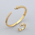 Wholesale Gold Plated Leopard Head Print Open End Bracelet Ring Set Zirconia Inlaid for Wedding or Party Men and Women