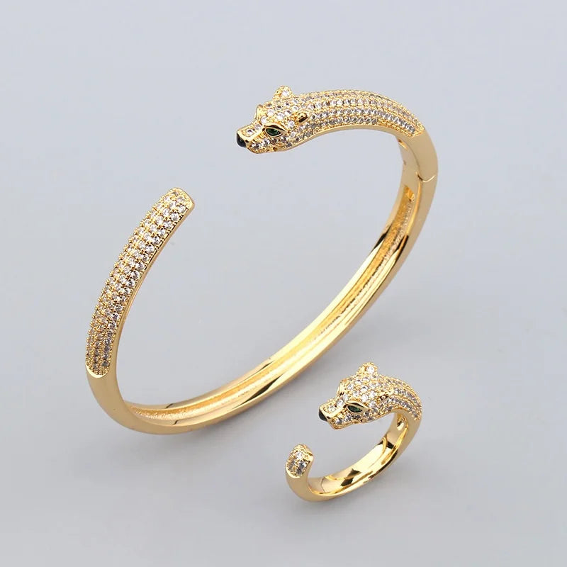 Wholesale Gold Plated Leopard Head Print Open End Bracelet Ring Set Zirconia Inlaid for Wedding or Party Men and Women