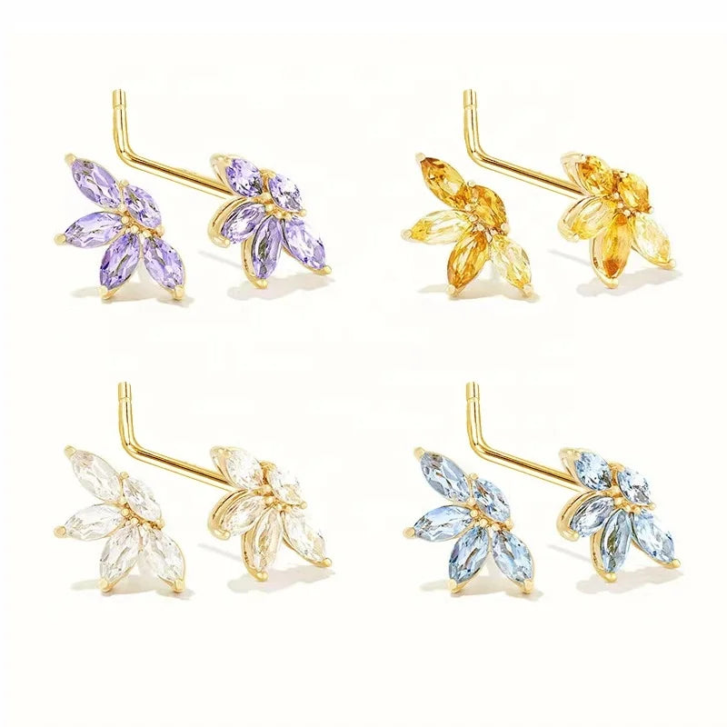 Gaby Hot Sale 925 Sterling Silver Needle Nose Rings Colorful Stone Flower Shape butterfly Piercing Nose Stud Piercing Jewelry
