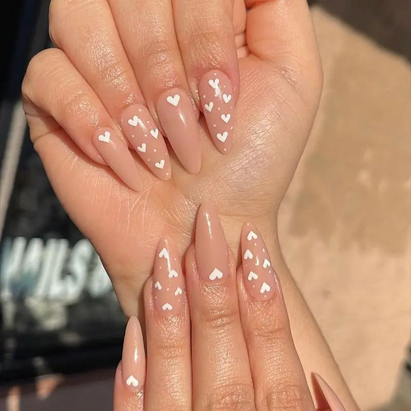 Temooi Wholesale 24Pcs ABS False Nails Simple Heart Almond Cute Design Press on Nails With Nail Glue