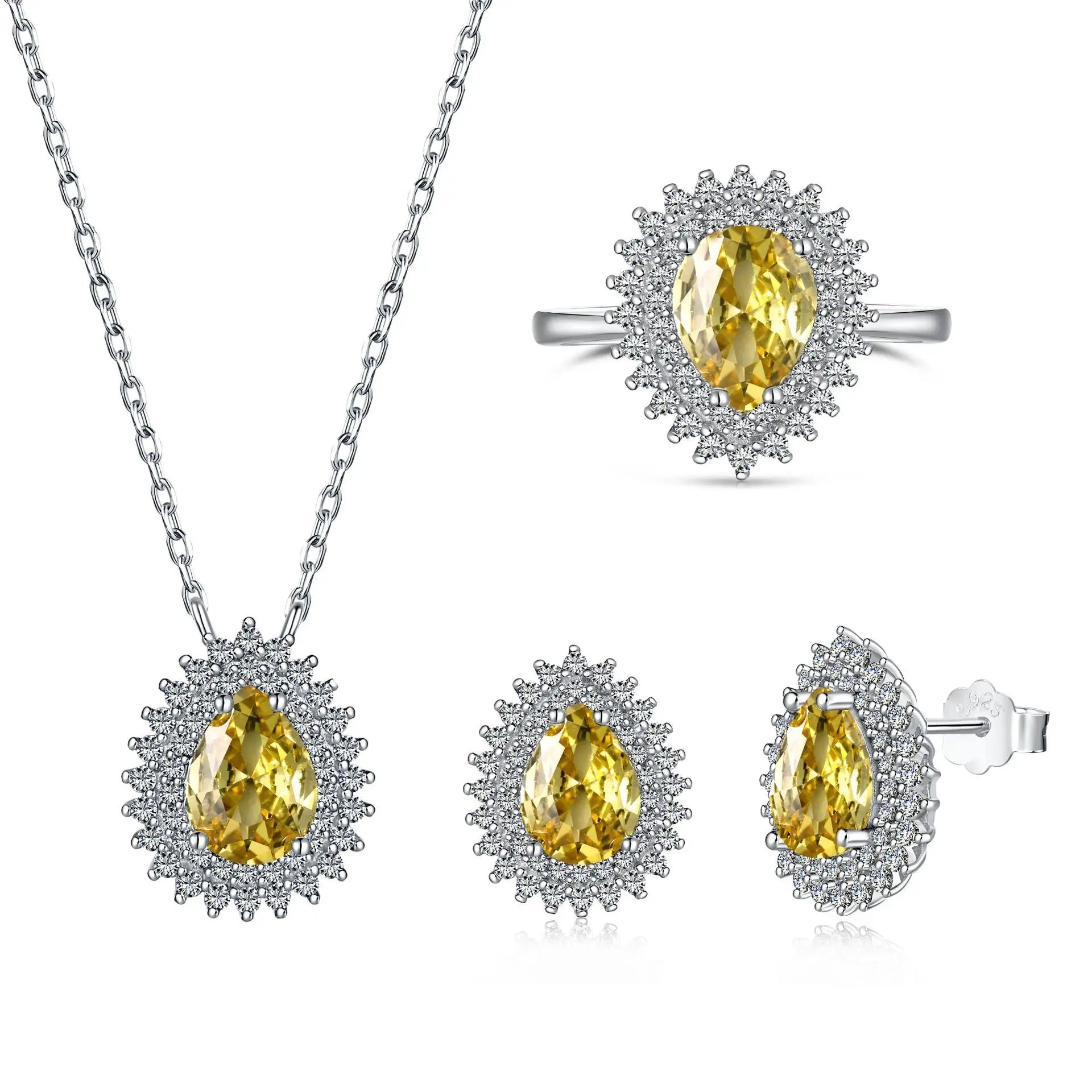 Fine Jewelry 925 Sterling Silver Oval Crystal Ring Stud Earrings and Necklace Fine Jewelry Set