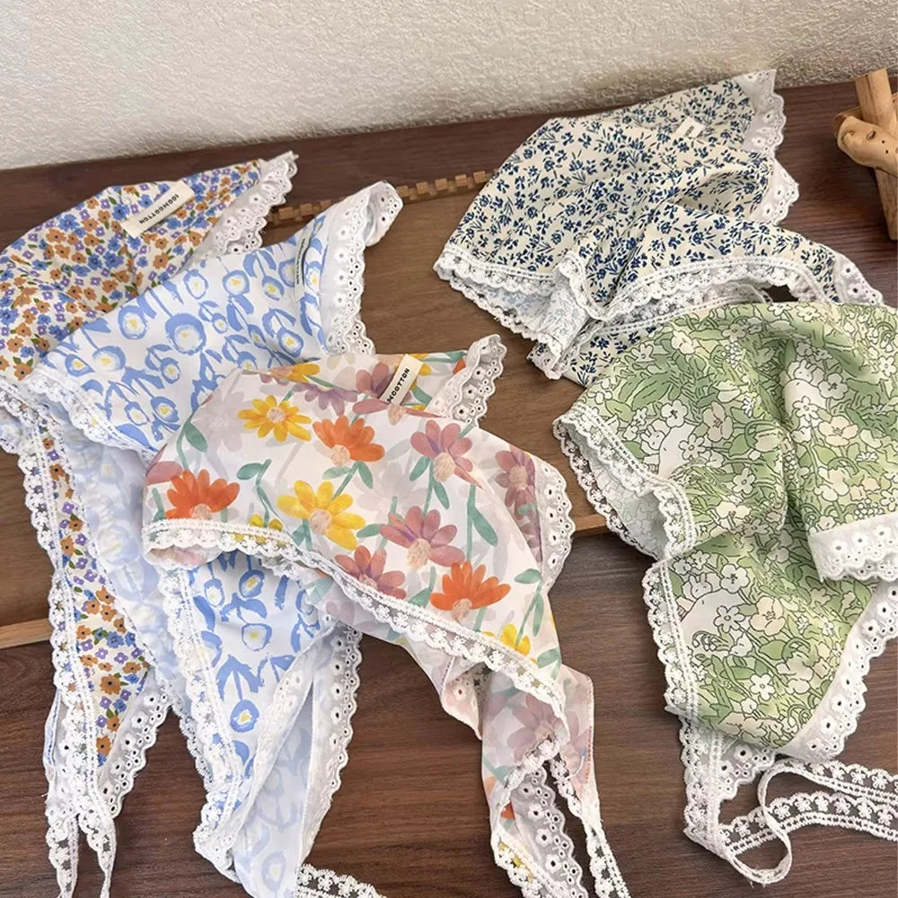 QINGYAN Popular Styles 100% Cotton Pastoral Fragmented Flower Lace Floral Crochet Knitted Triangle Scarf