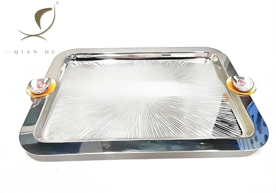 2026 New Arrived QIAN HU Hot Sale Luxury Eco-Friendly Shiny Polished Metal Rectangular Flat Serving Tray Home Hotel KTV SPA