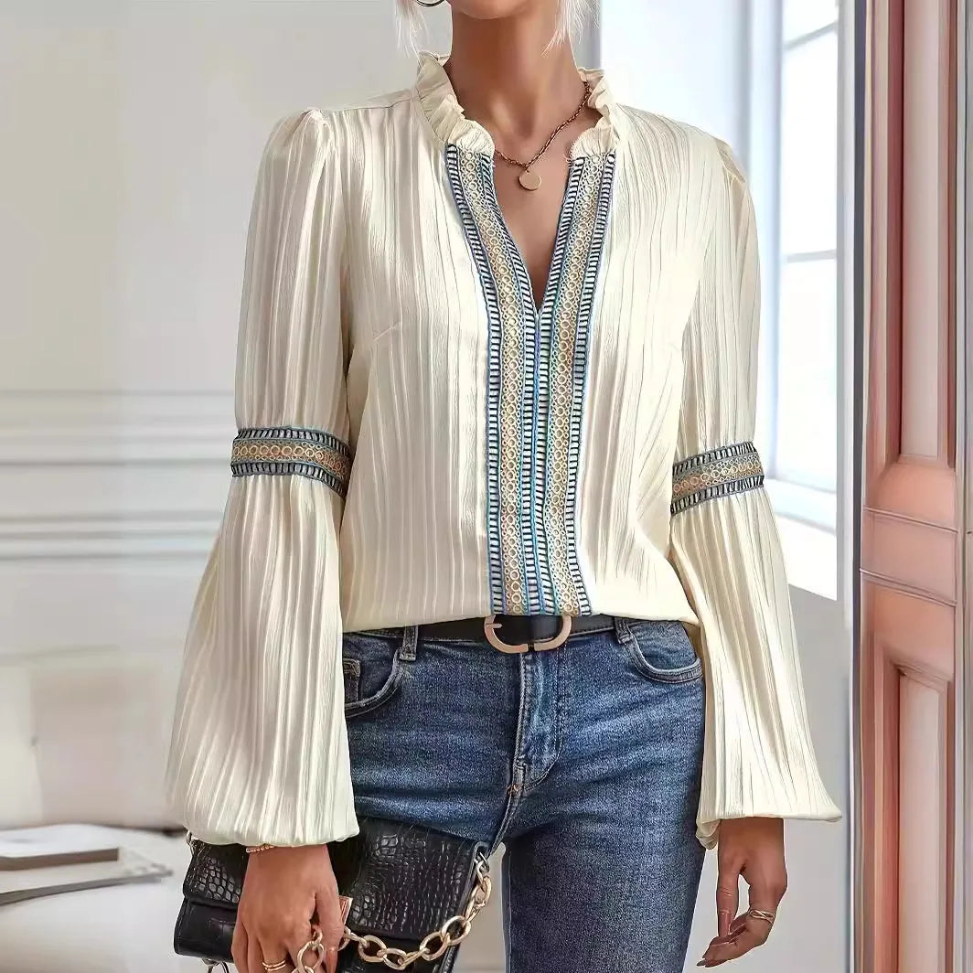 2026 Vintage Women's Blouse Lace Trim Lantern Sleeve V-Neck Solid Color Casual Vintage for Spring for Office European American
