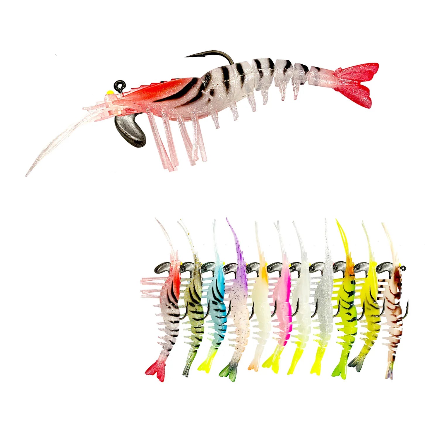 Multi Jointed Soft Shrimp Lure with Hook 10cm 7g 1pc/box TPE Plastic Soft Prawns Fishing Tackle Section Shrimp with Fiber Mesh
