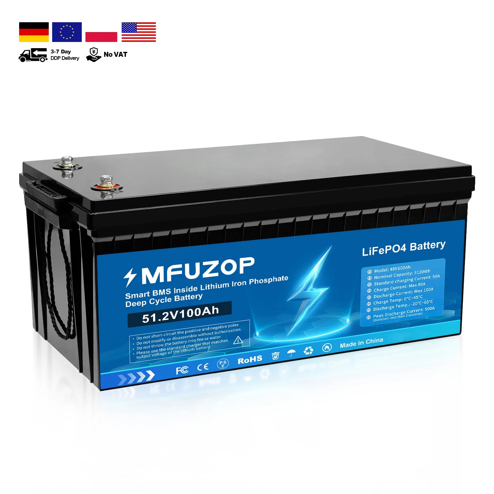 EU LOCAL STOCK 48V 100AH Lifepo4 Lithium Battery Discharge Current 100A with BMS Protection for RV Marine Golf Cart Datouboss