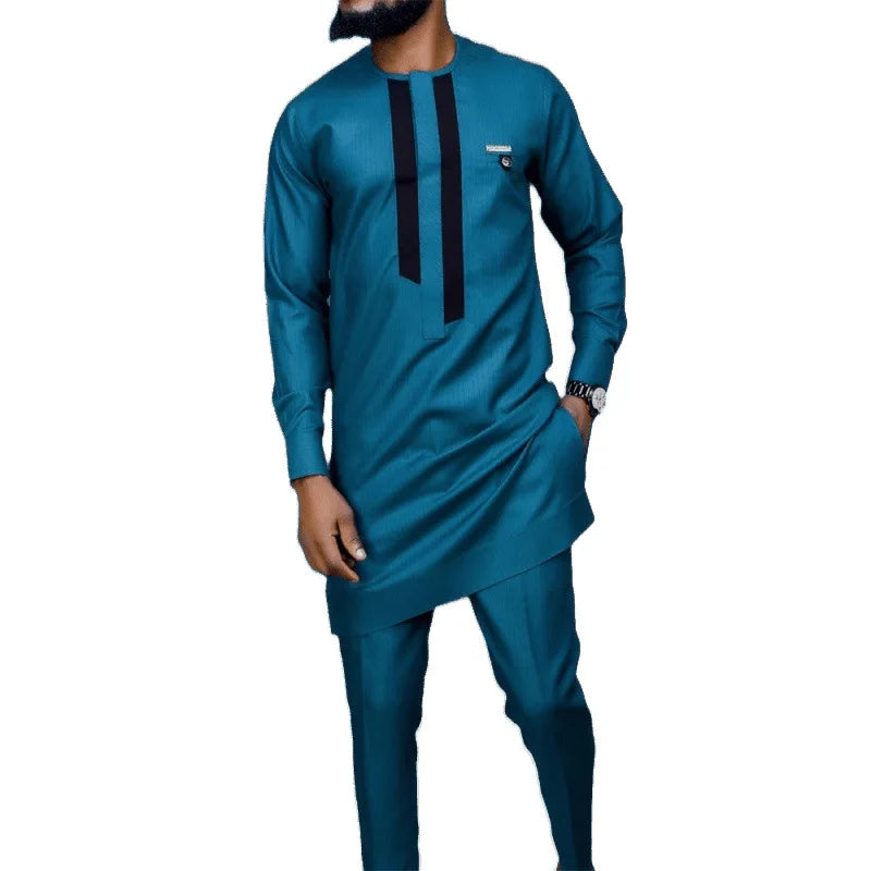 M-4XL Long Sleeved Top and Pants Two-piece Street Outfit African Ethnic Style Solid Color Simple Casual Men's Set