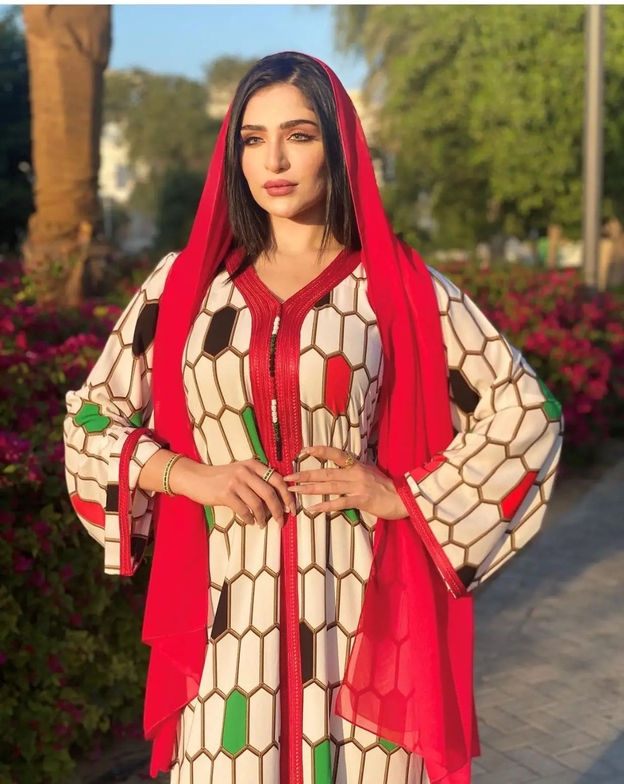 Middle East Printed Hexagon Pattern Robe Jalabiya Dubai Turkey Abaya UAE Ramadan Arabian Dress Women Abaya Dubai
