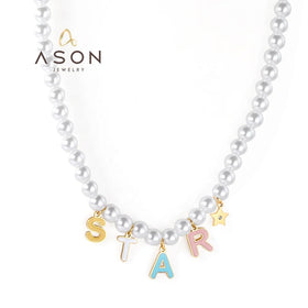 Ason Fashion 18k Gold Plated Waterproof Stainless Steel Necklace Jewelry Women Colours STAR Letter Pendant String Pearl Necklace