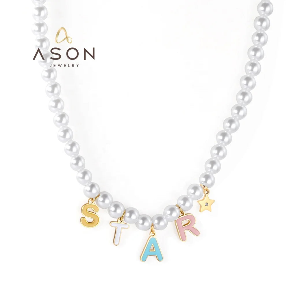 Ason Fashion 18k Gold Plated Waterproof Stainless Steel Necklace Jewelry Women Colours STAR Letter Pendant String Pearl Necklace