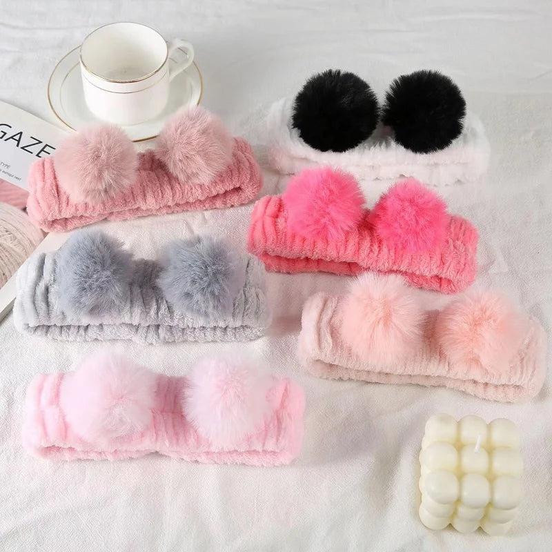 Flannel Vintage Pom Pom Headband with Adjustable Elastic for Women Yoga Exercise Shower Hairband Daily Life Use Plush Ball