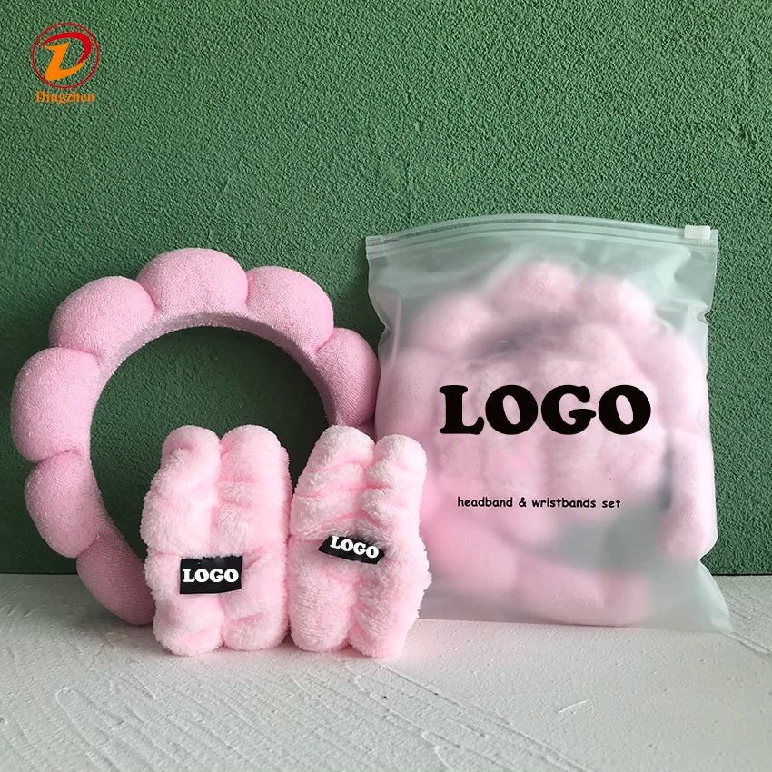 Custom Logo Trendy Spa Skincare Hair Band and Wristband Set Washing Face Puffy Padded No-Slip Bubble Soft Sponge Makeup Headband