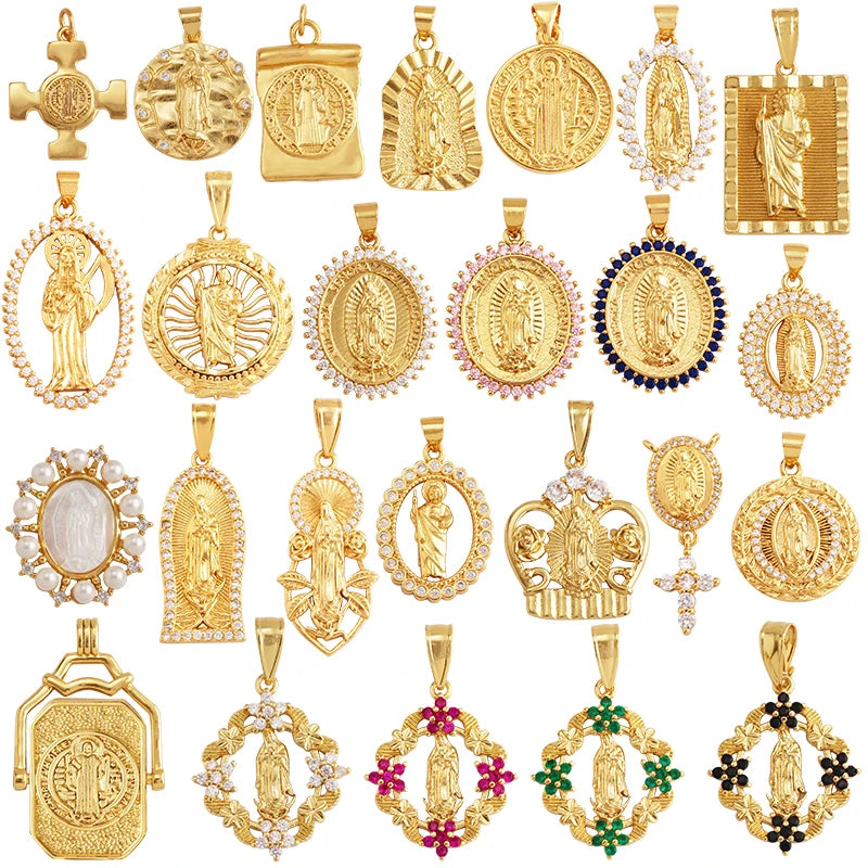 Holy Religious Jesus Crown Virgin Mary Charms PendantGold Plated Inlaid Colourful Zircon Shell Jewelry Necklace Accessories M29