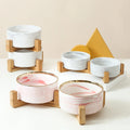 Ceramic Marble Pet Bowl with Gold Rim and Wood Stand Eco-Friendly Elevated Dog Bowl for Water