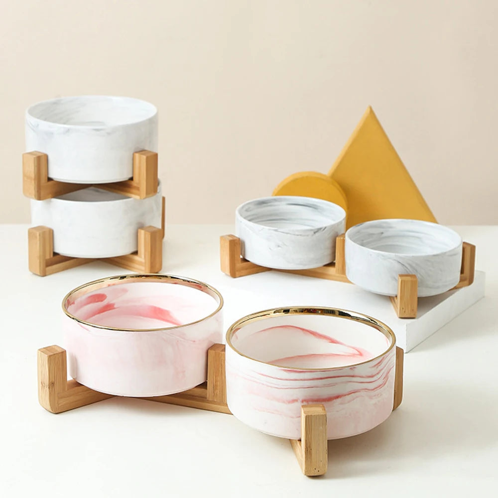 Ceramic Marble Pet Bowl with Gold Rim and Wood Stand Eco-Friendly Elevated Dog Bowl for Water