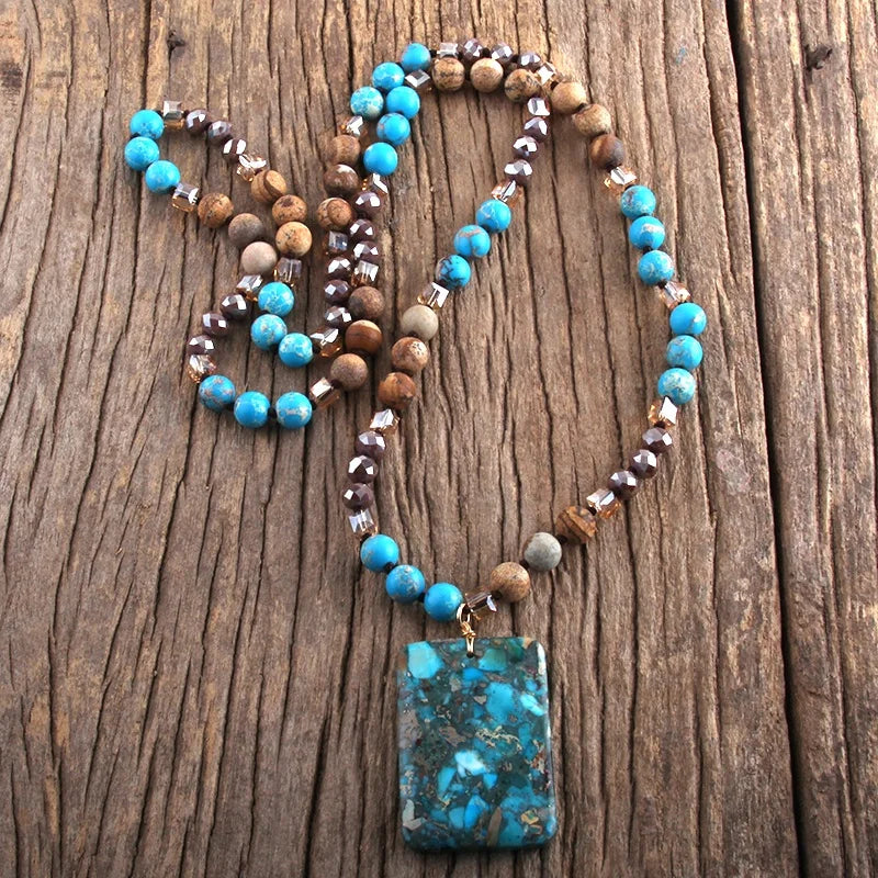 Fashion Bohemian Jewelry Natural Stones Crystal Glass Necklace Rectangle Stone Pendant Necklaces for Women Boho Gift