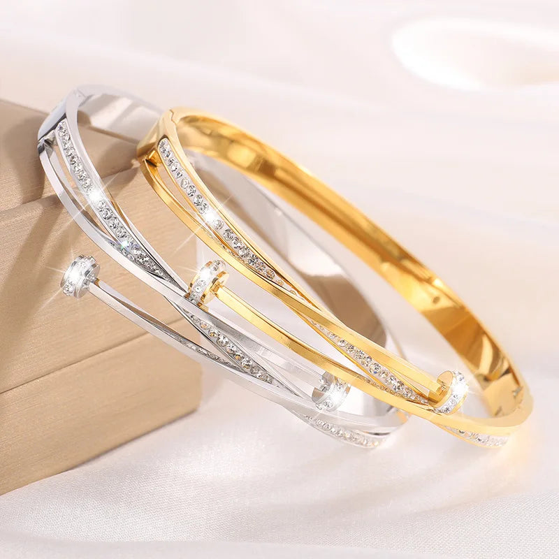 Personalized Gold-Plated Stainless Steel Bracelet with Full-Zircon High-Grade Fashion Bangles for Women