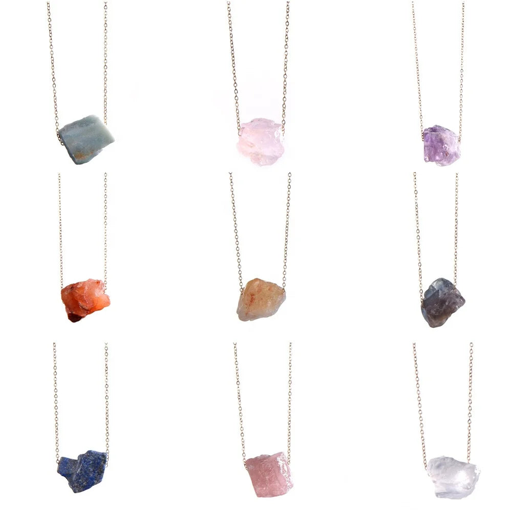 Stainless Steel Gold Natural Stone Pendant Necklace for Women Irregular Crystal Gemstone Pendant Necklace